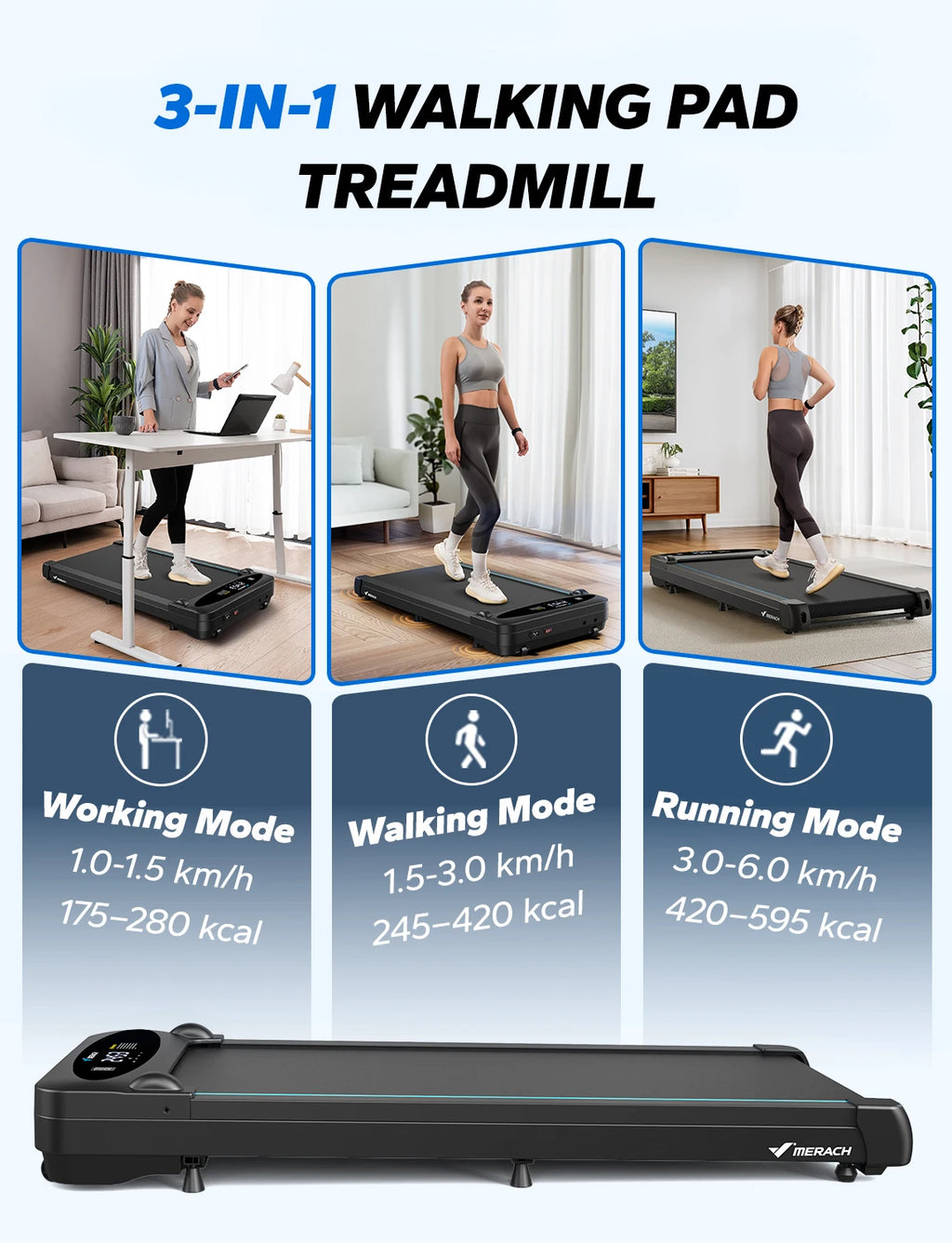 3-in-1 Under Desk Walking Pad Treadmill with LED Display and Remote Control