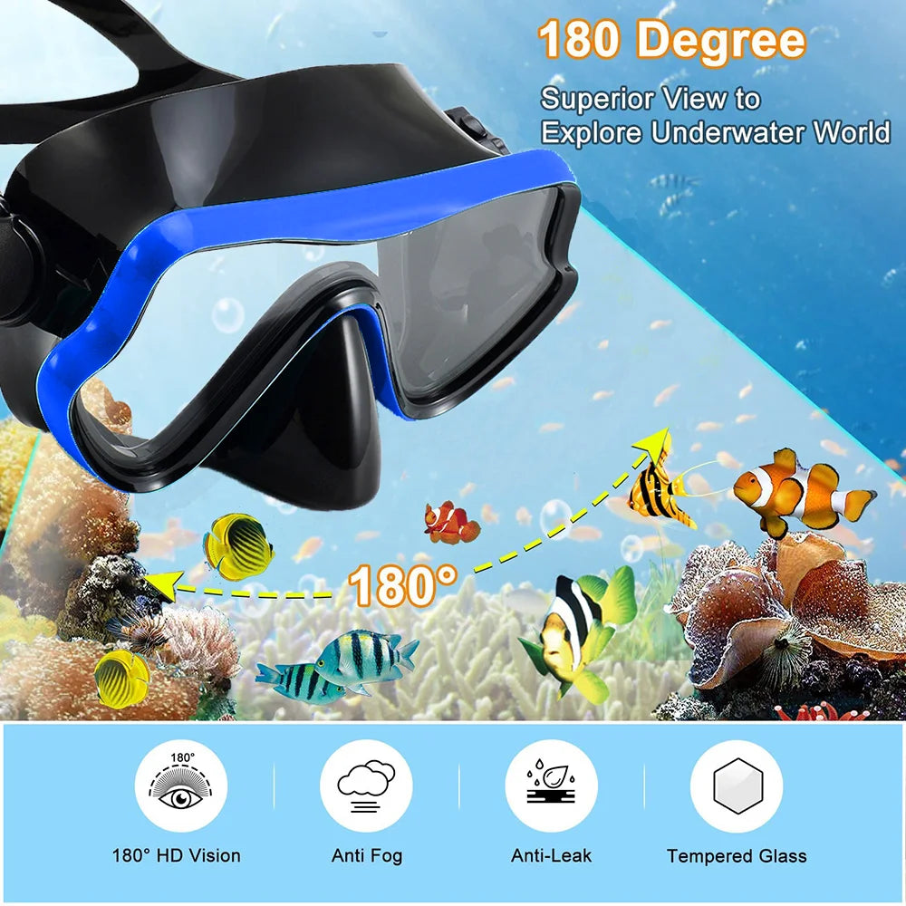 Snorkel Mask Fin Set for Adults – Panoramic View Mask, Adjustable Dive Fins & Dry Top Snorkel with Bag