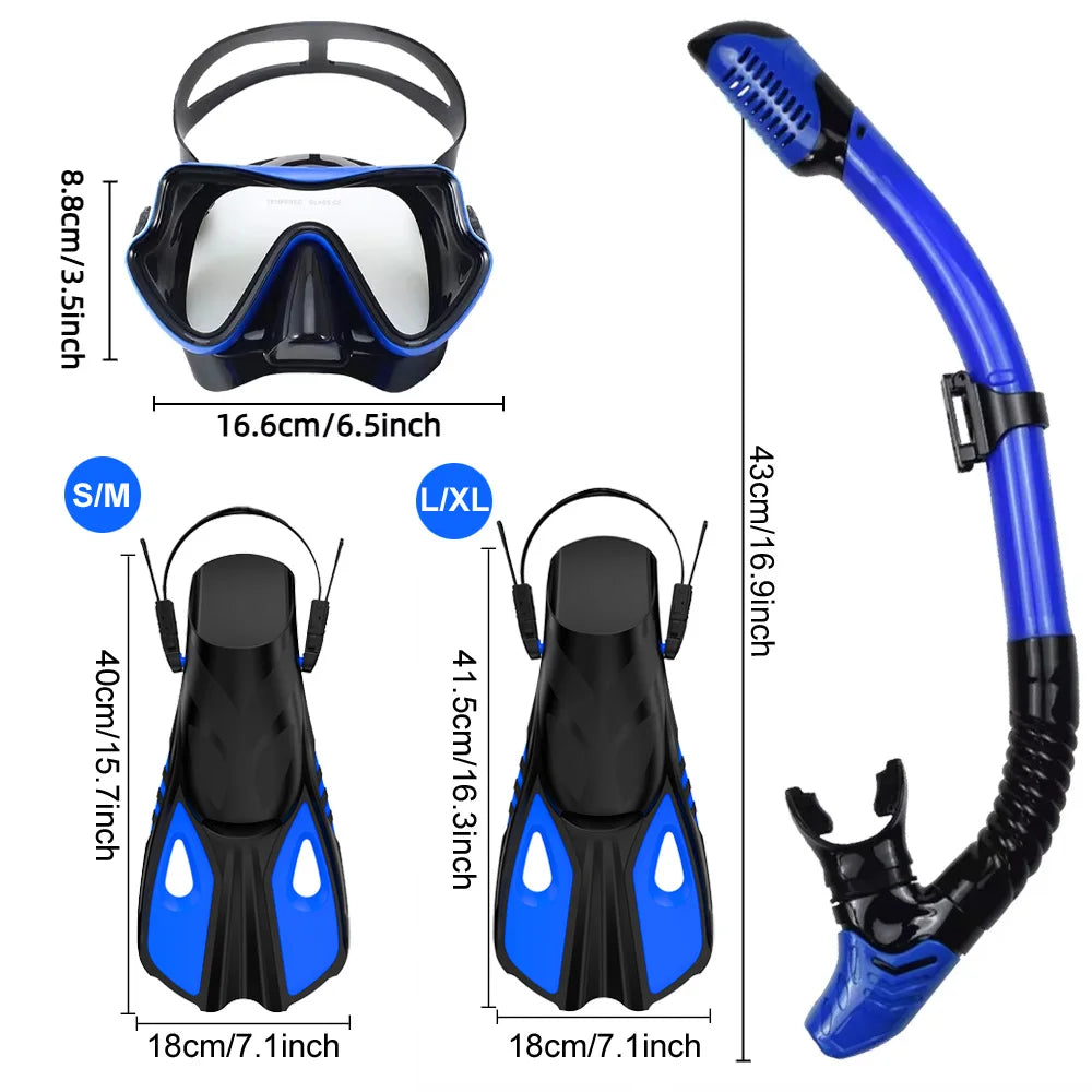 Snorkel Mask Fin Set for Adults – Panoramic View Mask, Adjustable Dive Fins & Dry Top Snorkel with Bag