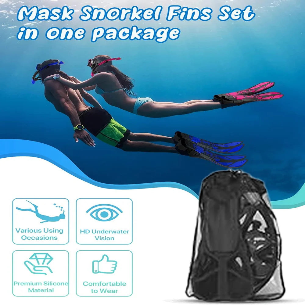 Snorkel Mask Fin Set for Adults – Panoramic View Mask, Adjustable Dive Fins & Dry Top Snorkel with Bag
