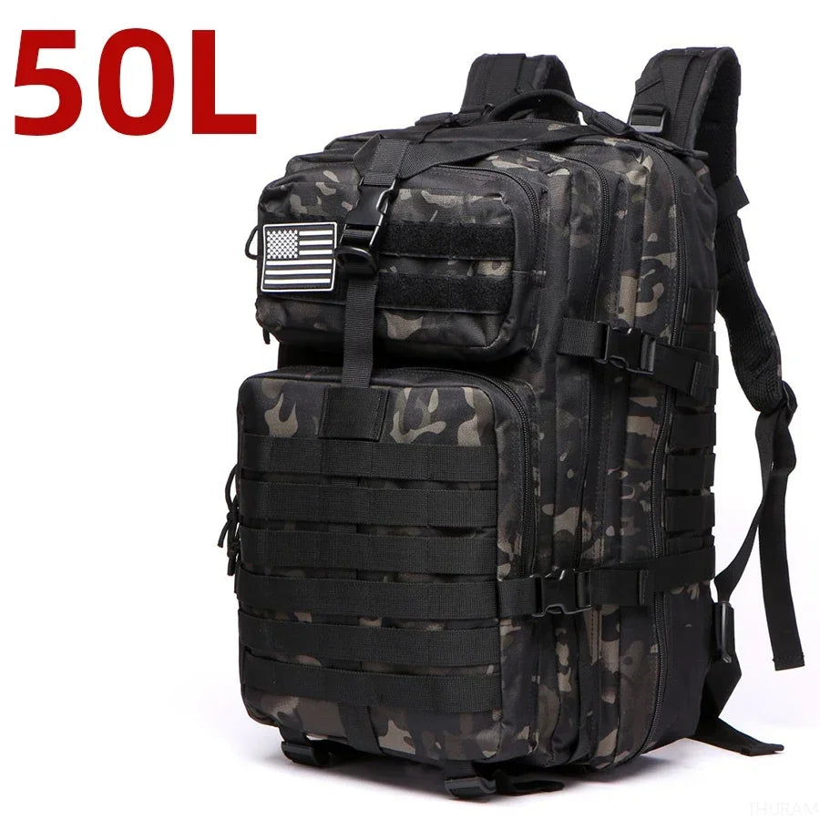 50L Camo Black Outdoor Backpack – Waterproof Hiking & Camping Rucksack
