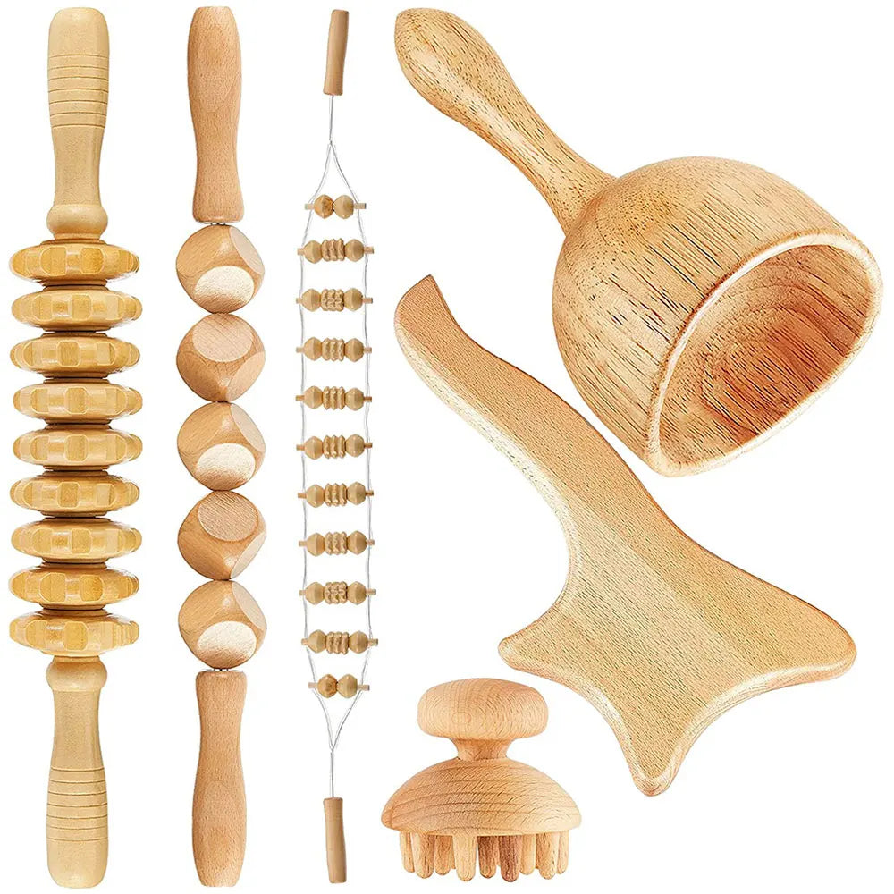 6-in-1 Wood Therapy Lymphatic Drainage Massage Roller Set
