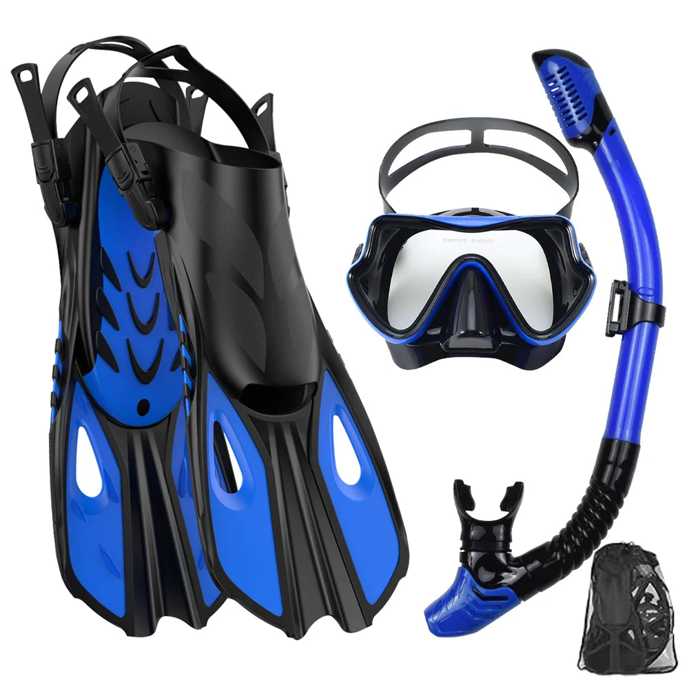 Snorkel Mask Fin Set for Adults – Panoramic View Mask, Adjustable Dive Fins & Dry Top Snorkel with Bag
