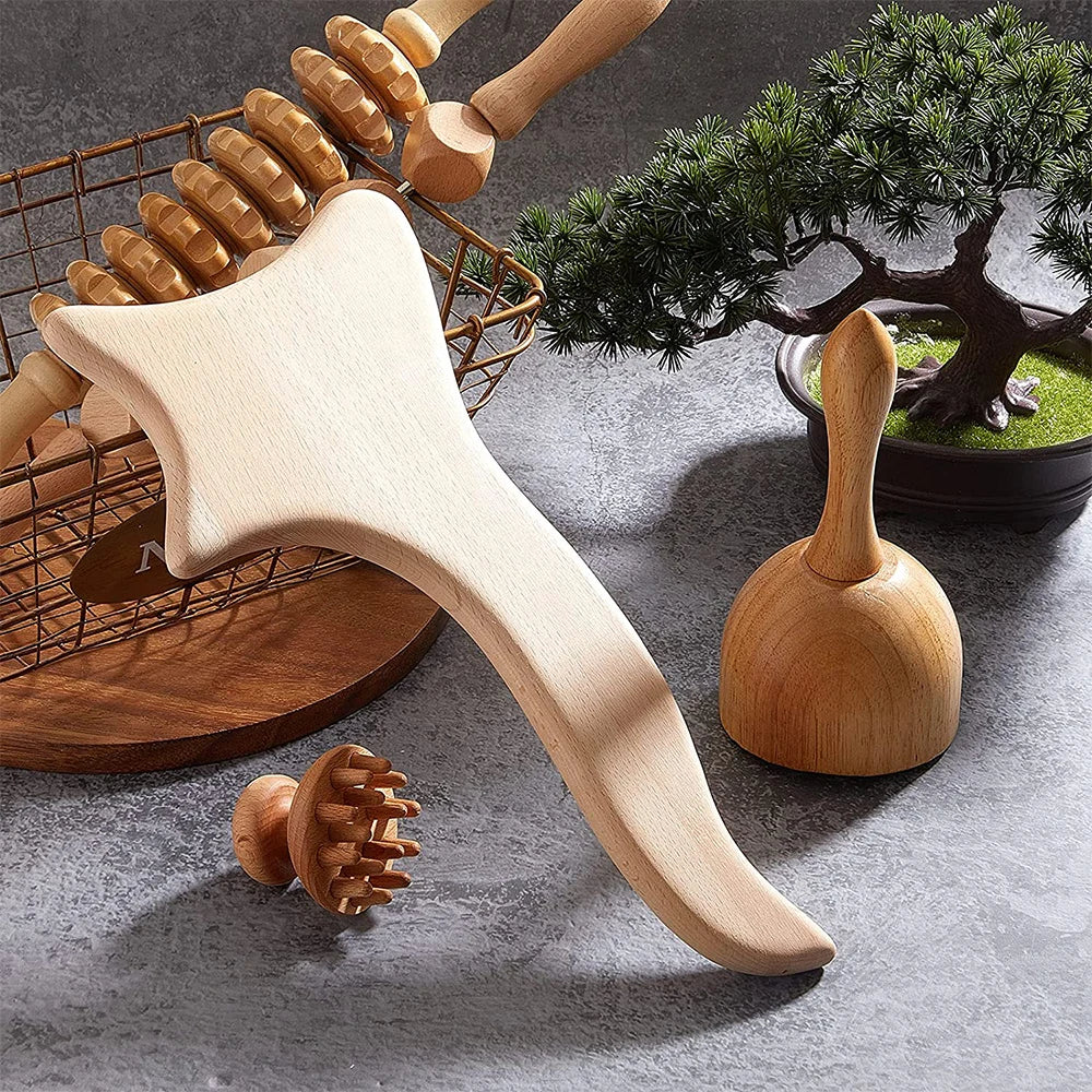 6-in-1 Wood Therapy Lymphatic Drainage Massage Roller Set