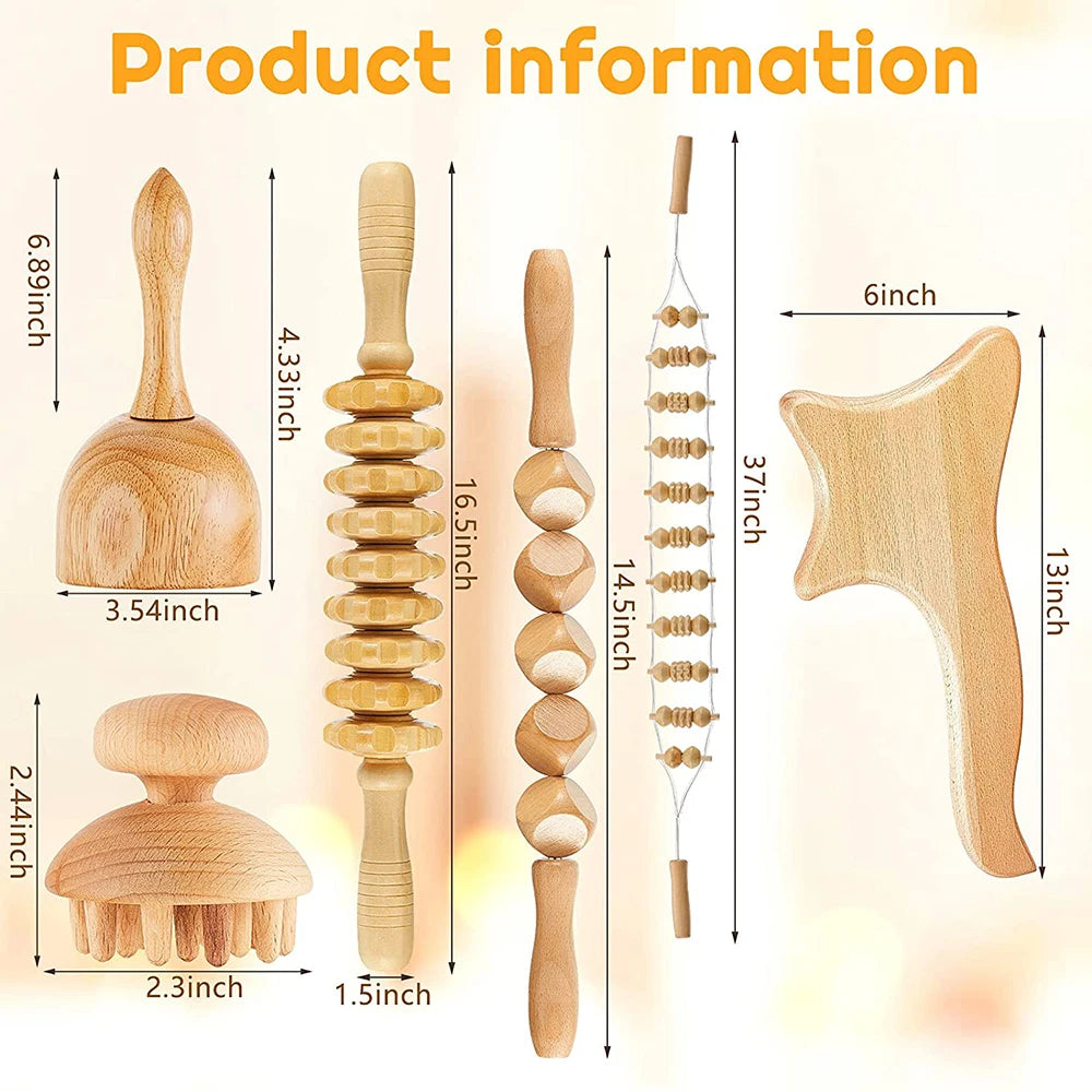 6-in-1 Wood Therapy Lymphatic Drainage Massage Roller Set