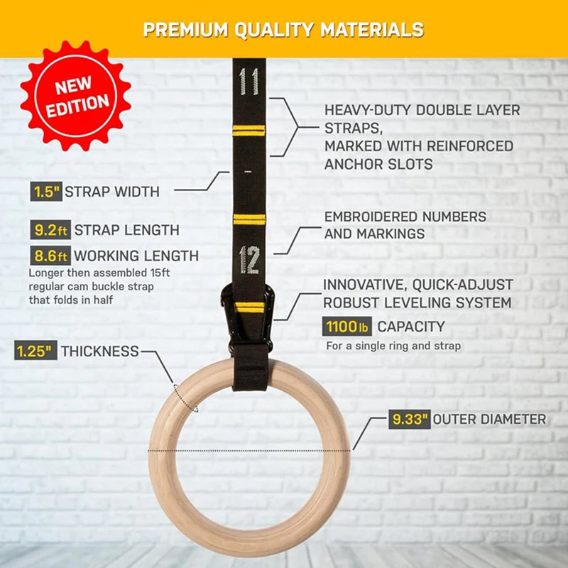 28mm Wooden Gymnastic Rings with Adjustable Straps – Pull Up Strength Training Set