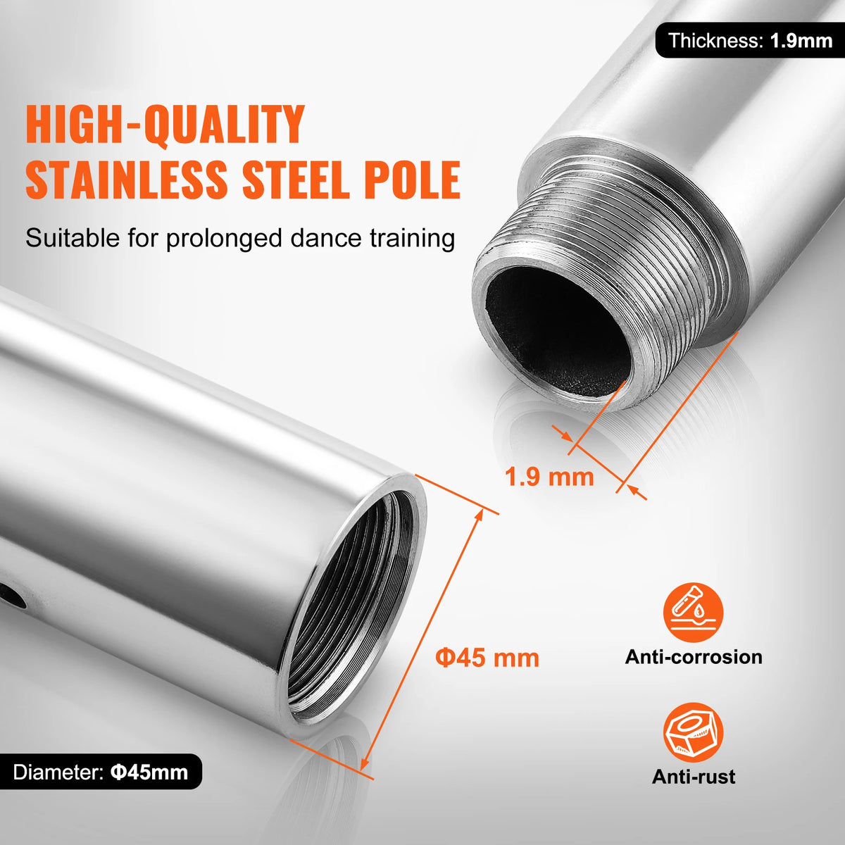 45mm Spinning and Static Dancing Pole Kit Portable Removable Stainless Steel Pole